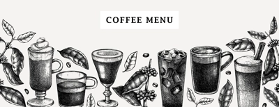 Hand-sketched coffee banner design. Vector sketches of  mugs with aromatic caffeine drinks templates. With botanical coffee plants, leaves and beans in vintage style. Vector beverages background